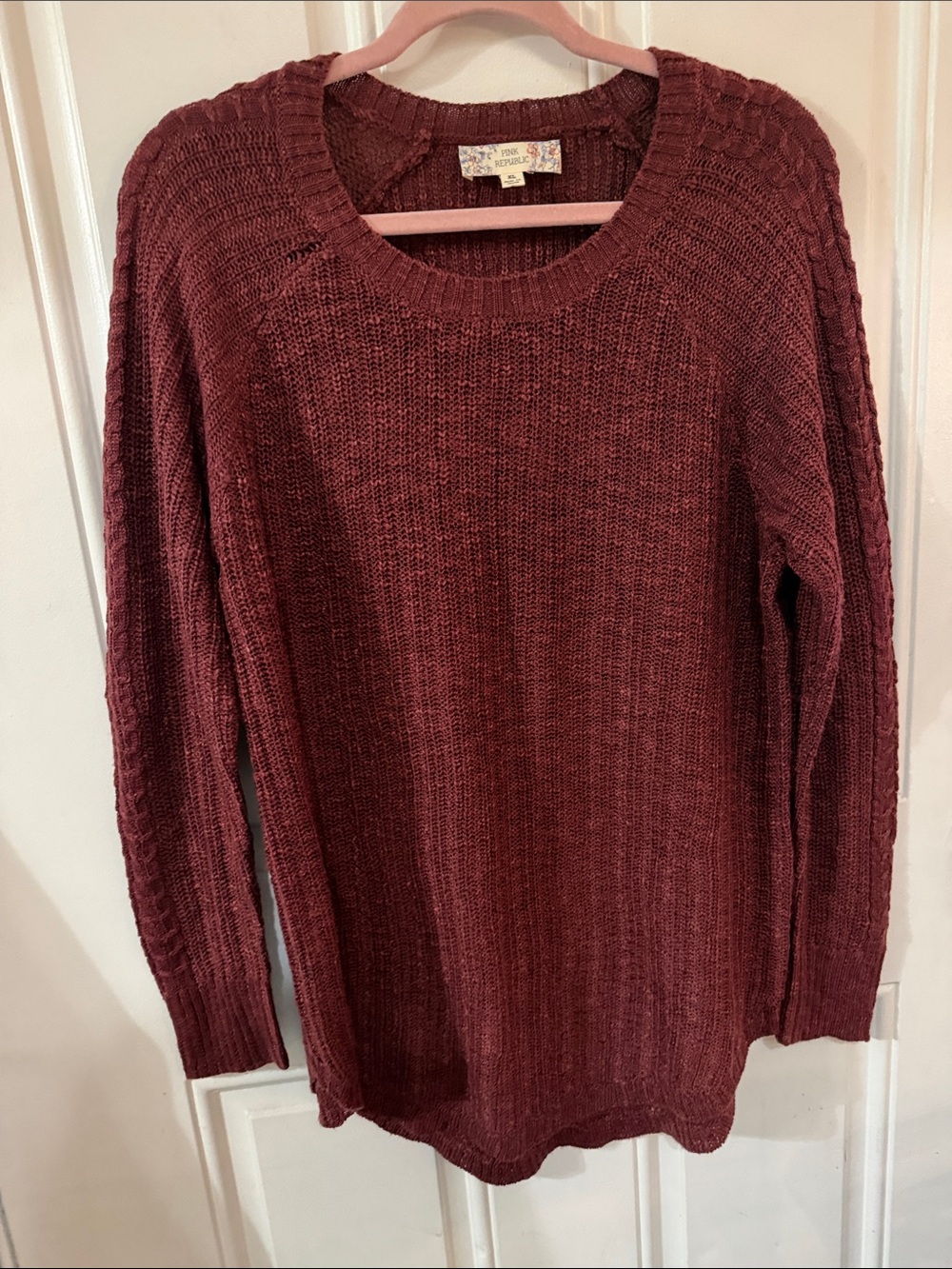 Pink Republic Burgundy Crewneck Cable-Trim Sweater
